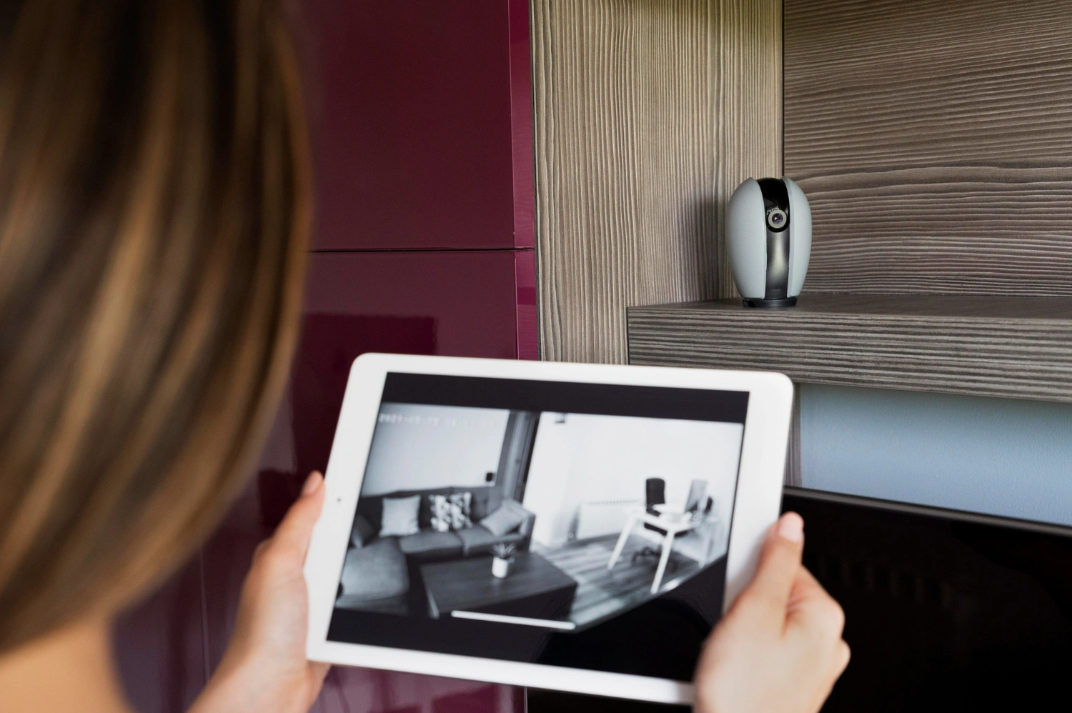 Cámara de seguridad y app de monitoreo en tablet